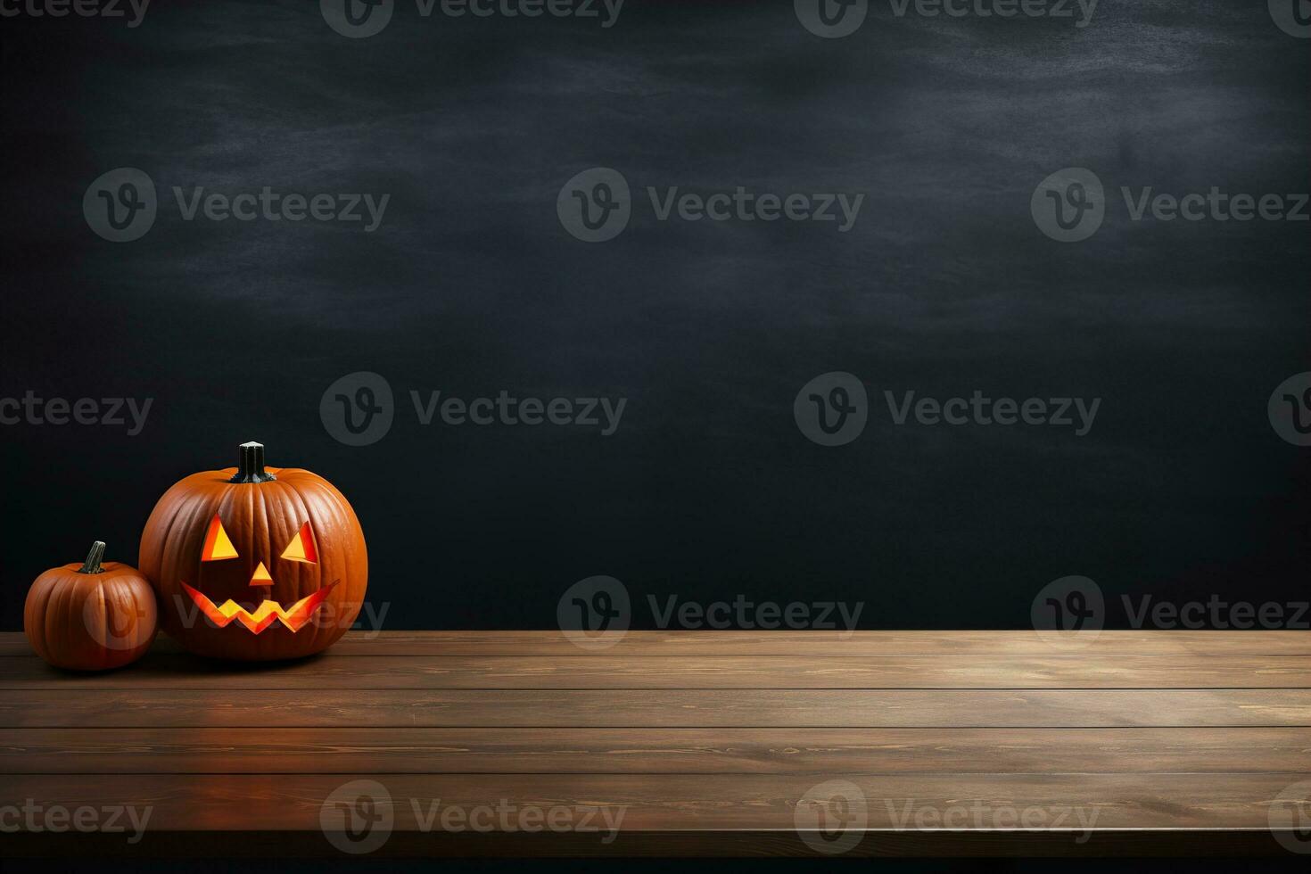 Empty wooden table top with Halloween pumpkin, Jack O'Lantern. Copy space for your object, product presentation. Display, promotion, advertising. Empty scene. Happy Halloween. Generative AI. photo