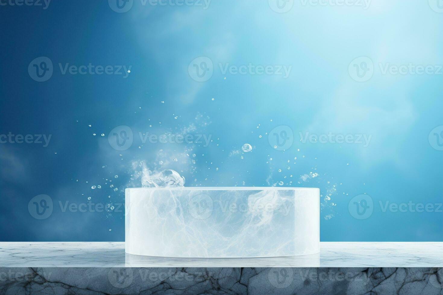 Podium with water splash. Mock up for product, cosmetic presentation. Pedestal or platform for beauty products. Empty scene. Stage, display, showcase. Podium with copy space. Generative AI. photo