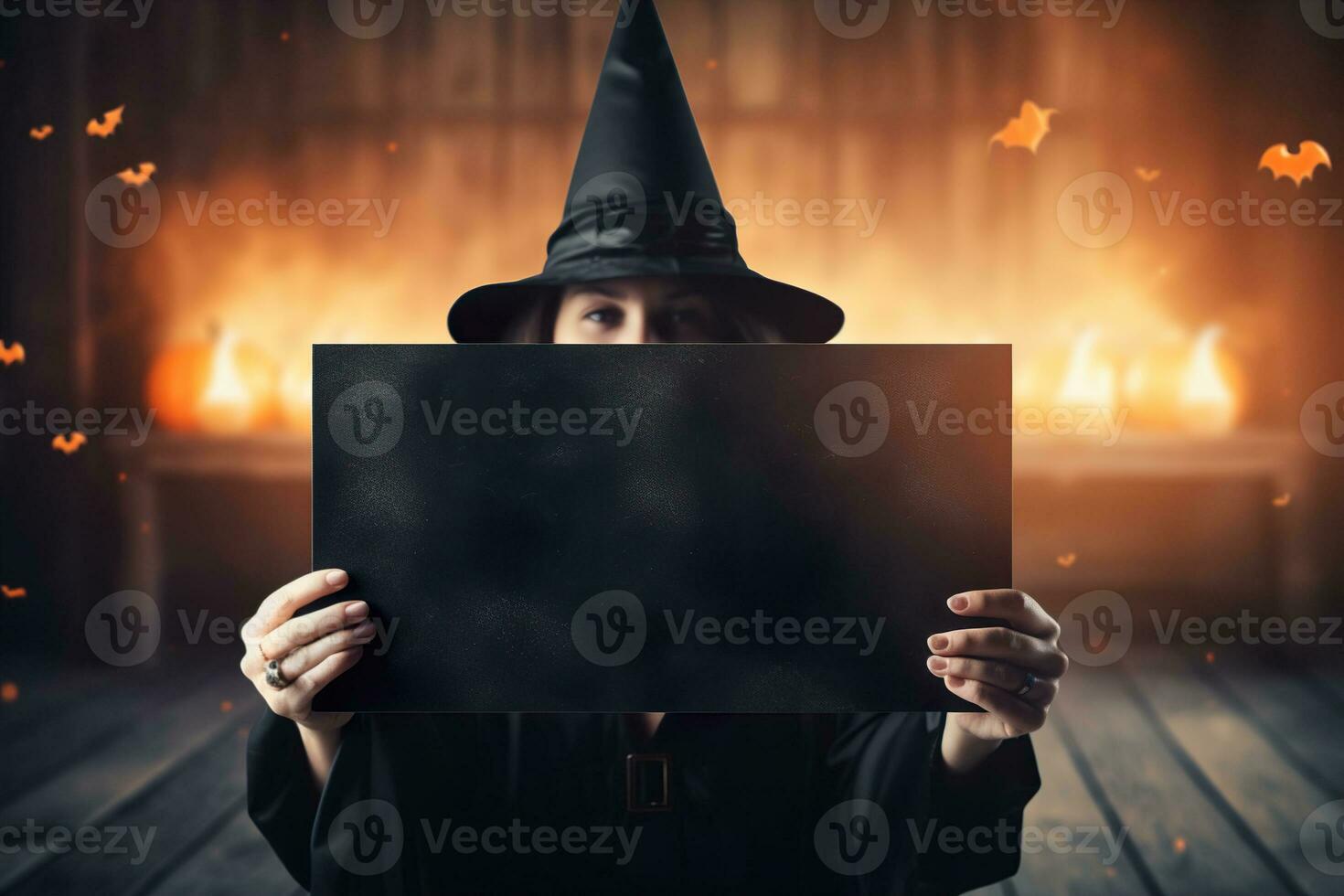 Witch holding blank old paper, mystical atmosphere. Copy space for your text. Halloween background with empty space. Happy Halloween. Generative AI. photo