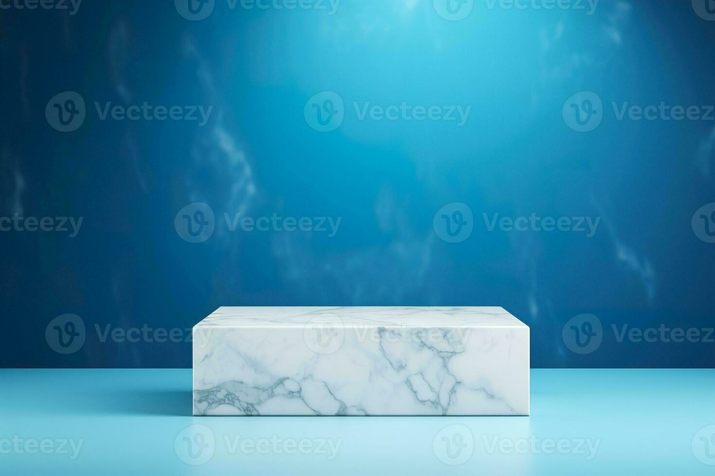 Marble podium on blue background. Mock up for product, cosmetic presentation. Pedestal or platform for beauty products. Empty scene. Stage, display, showcase. Podium with copy space. Generative AI. photo