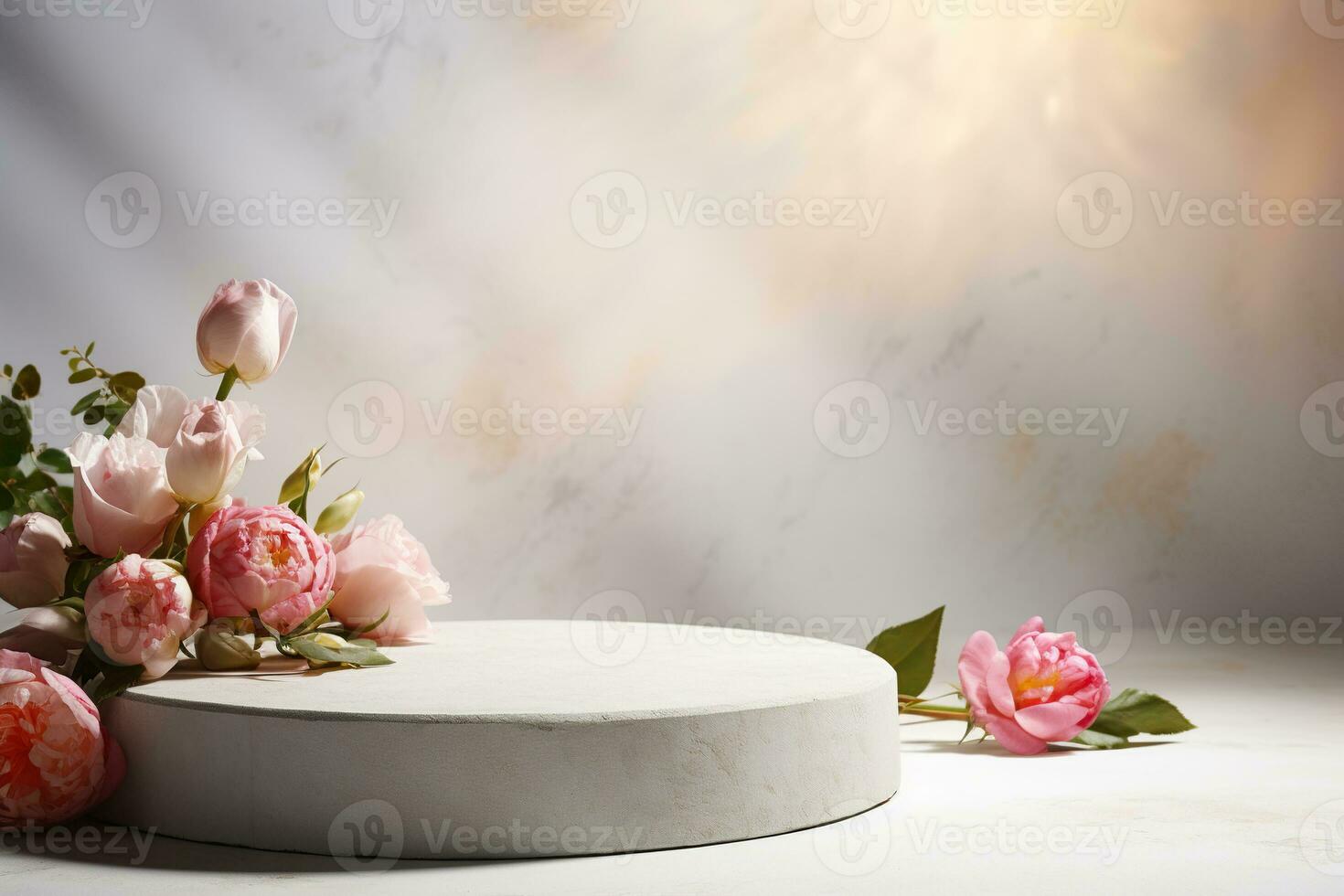 Podium with beautiful flowers. Mock up for product, cosmetic presentation. Pedestal or platform for beauty products. Empty scene. Stage, display, showcase. Podium with copy space. Generative AI. photo