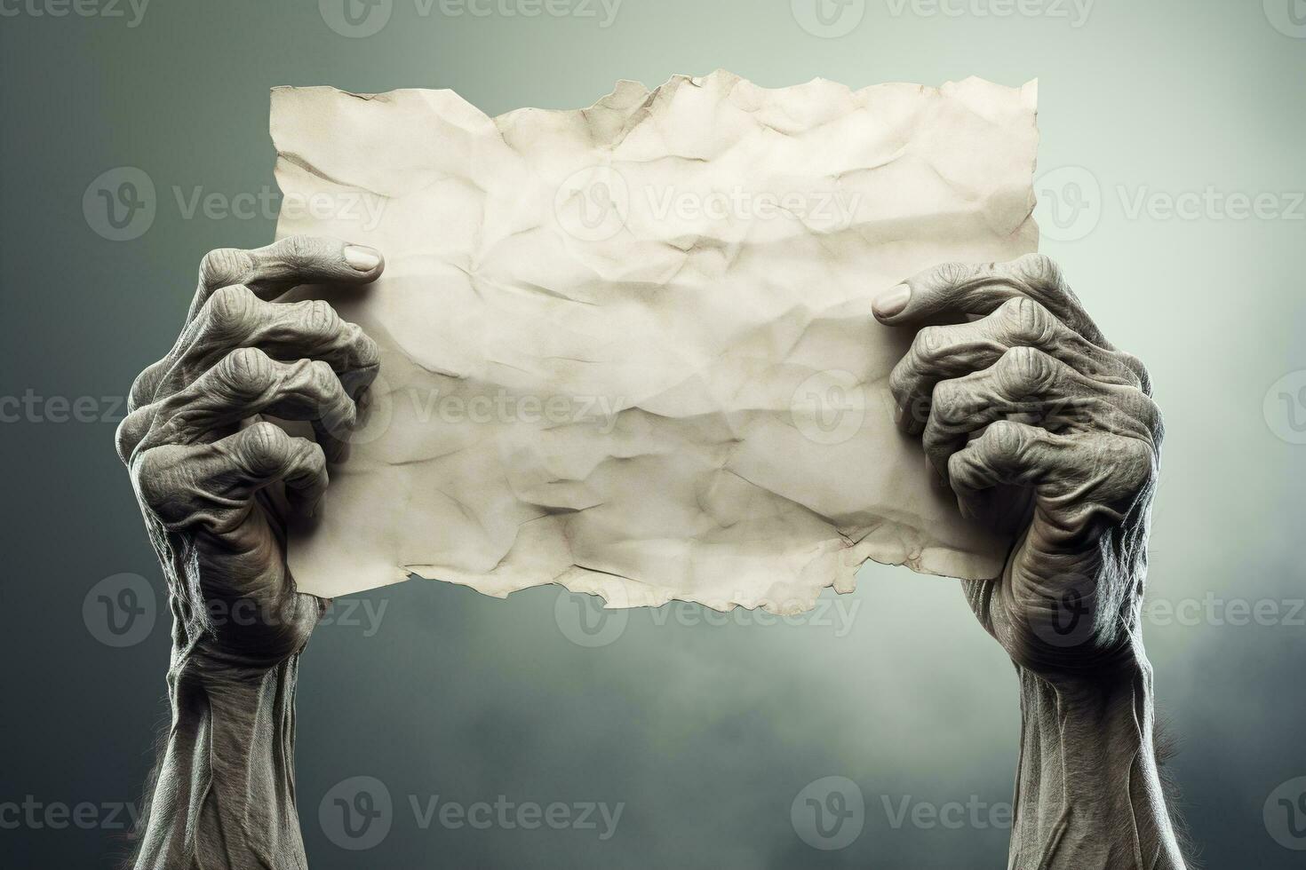 Monster's or witch's hands holding blank old paper. Copy space for your text. Halloween background with empty space. Happy Halloween. Generative AI. photo