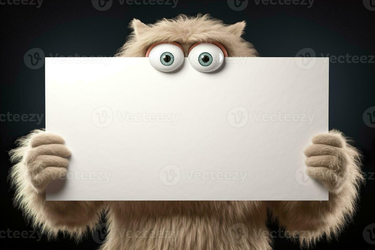 Monster holding blank white paper, black background. Copy space for your text. Halloween background with empty space. Happy Halloween. Generative AI. photo
