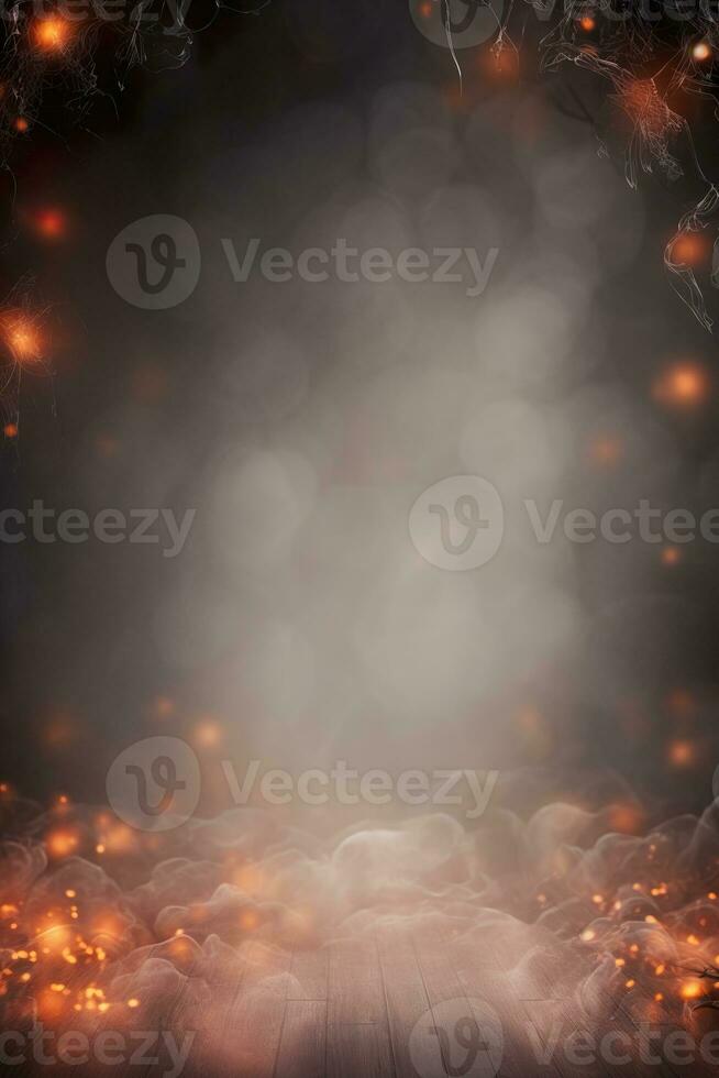 Dark abstract Halloween background with empty space. Smoke, orange lights. Copy space for your text. Happy Halloween. Vertical, mystical backdrop. Generative AI. photo