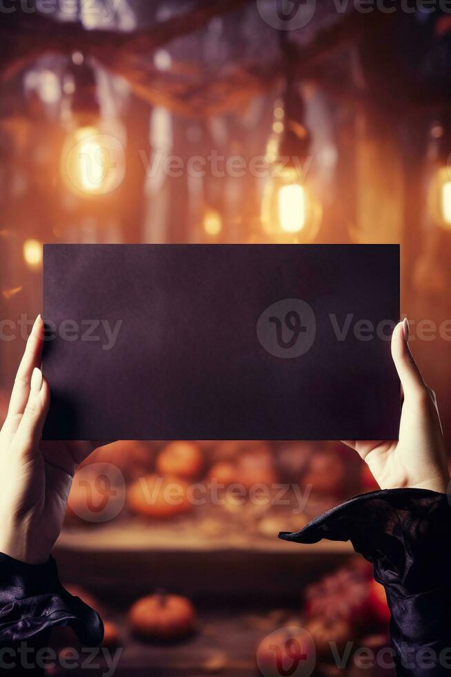 Witch's hands holding blank old paper, mystical atmosphere. Copy space for your text. Halloween background with empty space. Happy Halloween. Generative AI. photo