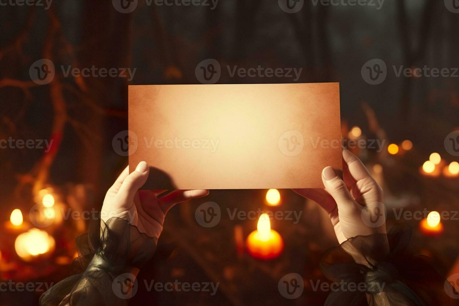 Witch's hands holding blank old paper, mystical atmosphere. Copy space for your text. Halloween background with empty space. Happy Halloween. Generative AI. photo