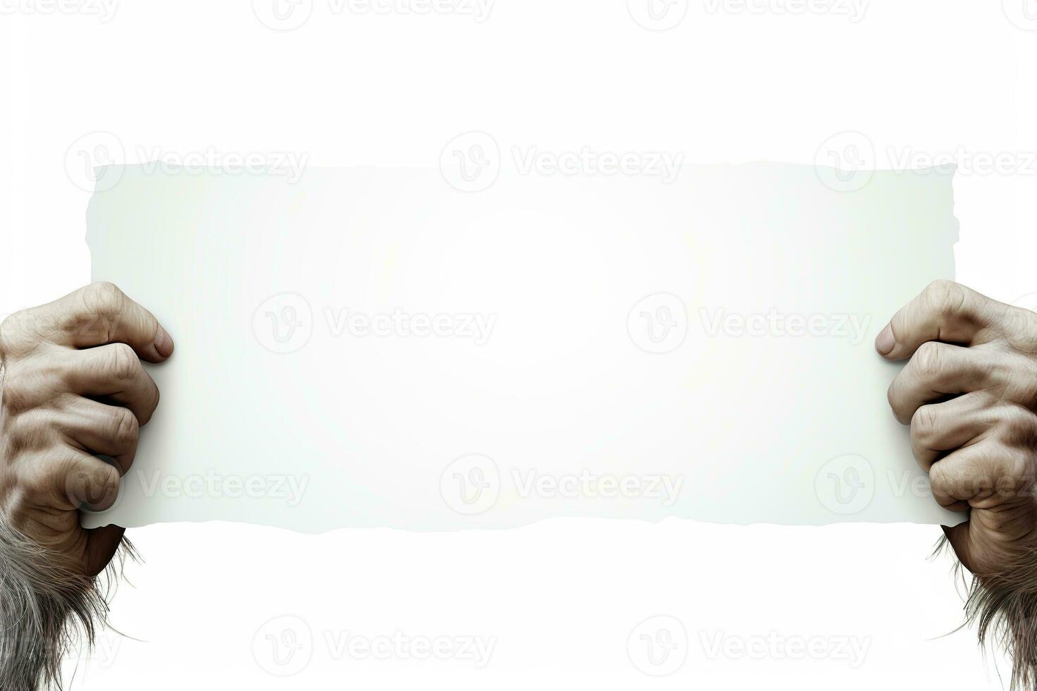 Monster's hands holding blank old paper, isolated on white background. Copy space for your text. Halloween background with empty space. Happy Halloween. Generative AI. photo