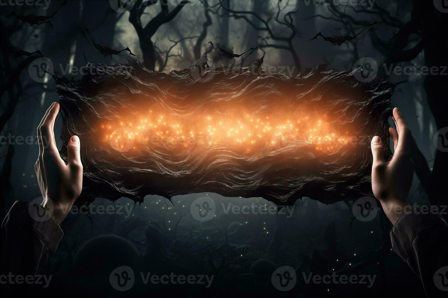 Witch's hands and blank plate, mystical atmosphere. Copy space for your text. Halloween background with empty space. Happy Halloween. Generative AI. photo