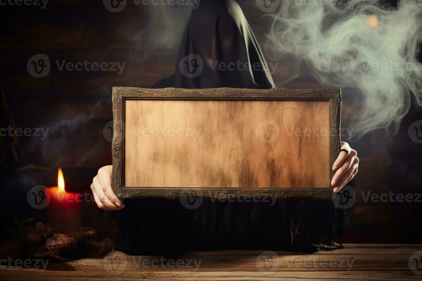 Witch holding blank old wooden plate, mystical atmosphere. Copy space for your text. Halloween background with empty space. Happy Halloween. Generative AI. photo