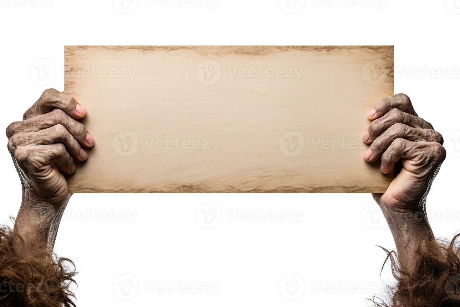 Monster's or witch's hands holding blank old paper, isolated on white background. Copy space for your text. Halloween background with empty space. Happy Halloween. Generative AI. photo