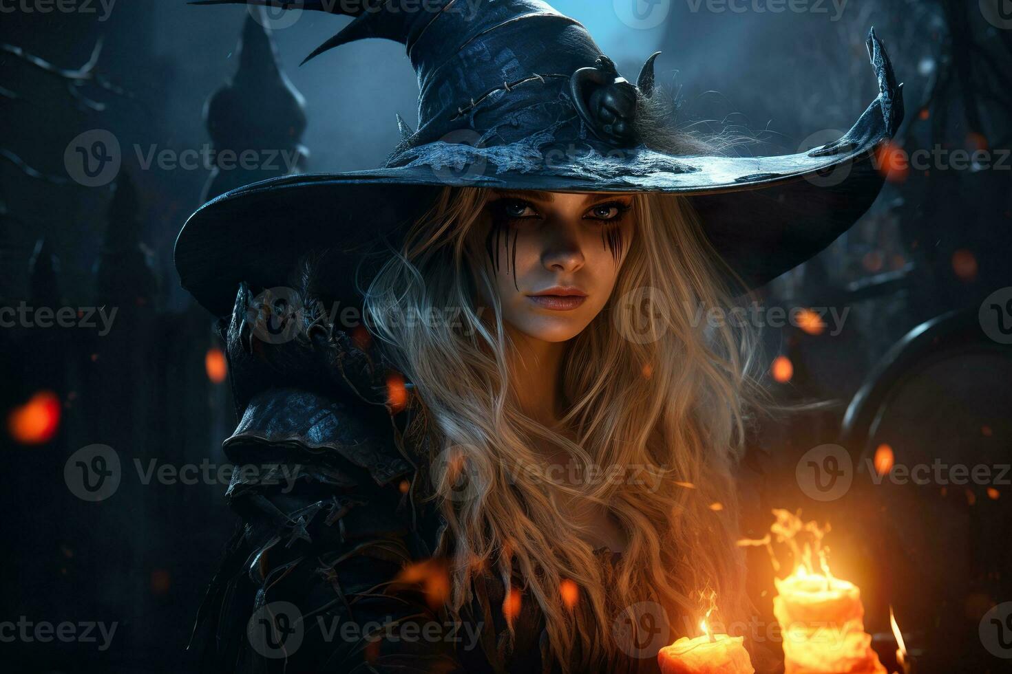 Beautiful witch portrait. Close uo view. Happy Halloween. Young, mystical woman. Trick or treat. Generative AI. photo