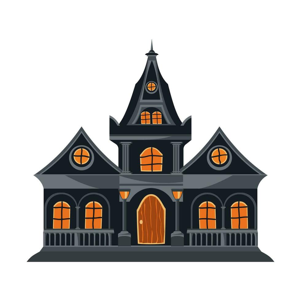 Cartoon abandoned house. A dark, ominous Halloween house, with a peaked roof and many windows. Vector illustration.