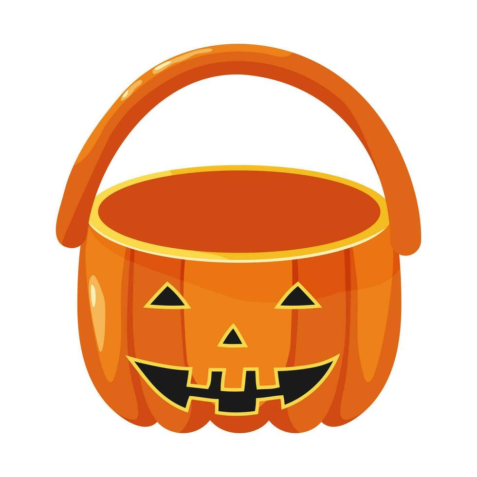 Halloween pumpkin basket with jack o lantern. Halloween basket for candies and sweets. Vector illustration.