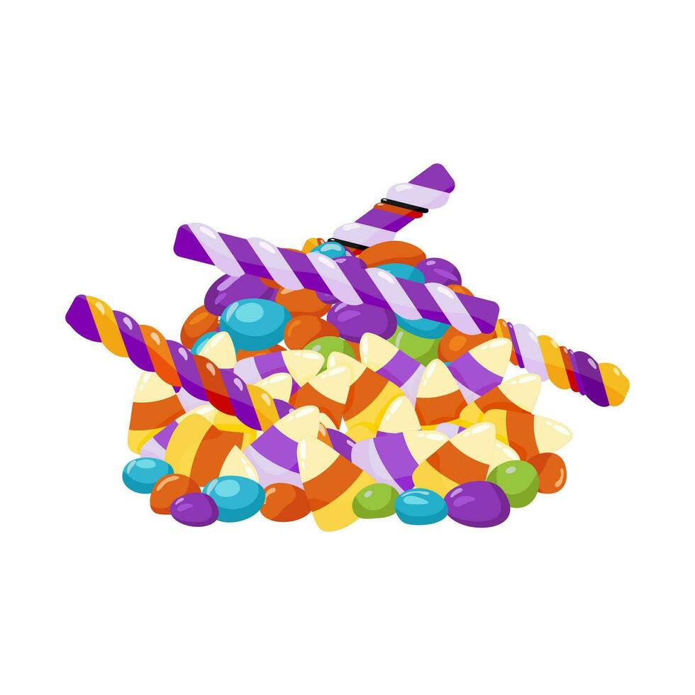 A pile of candy and candy canes on a white background. Various sweets for children for the holiday Halloween. Multicolored sweet treats. Vector illustration.