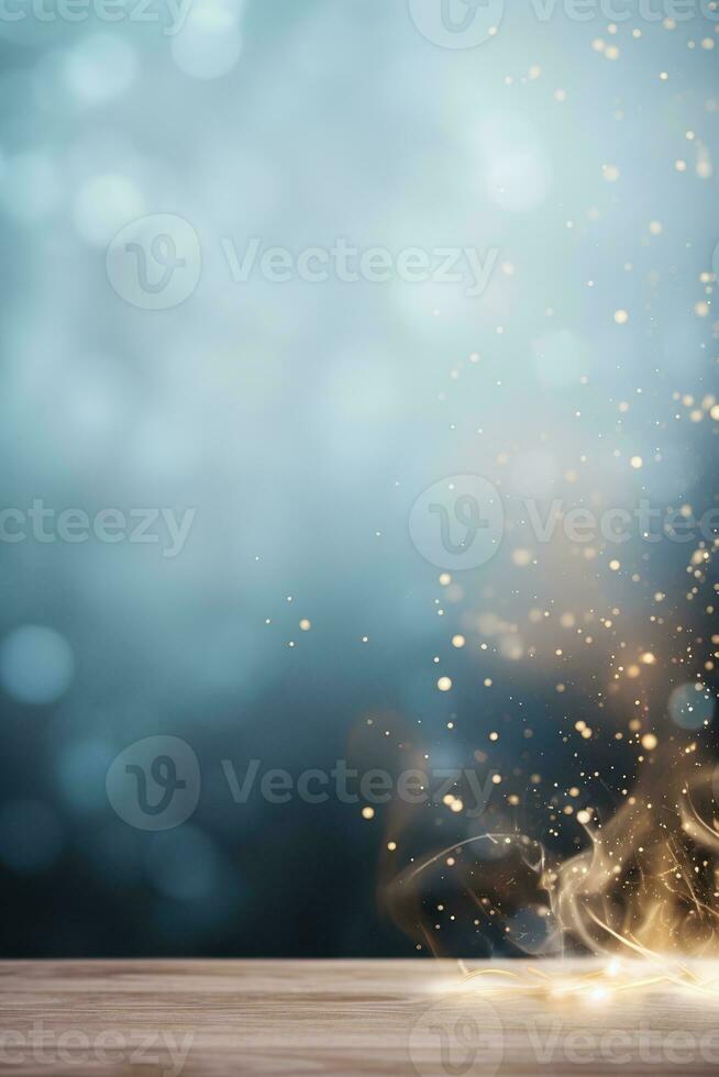 Abstract blue Christmas background with empty space. Smoke, bokeh lights. Copy space for your text. Merry Xmas, Happy New Year. Vertical festive backdrop. Generative AI. photo