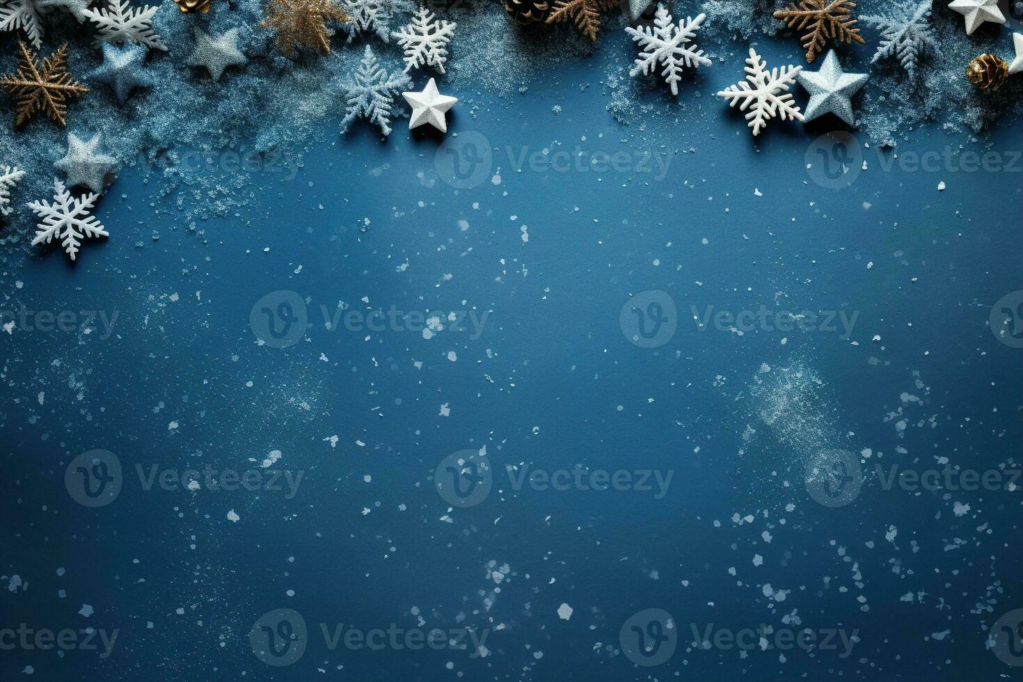 Blue Christmas background with snowflakes and empty space. Copy space for your text. Merry Xmas, Happy New Year. Festive backdrop. Generative AI. photo