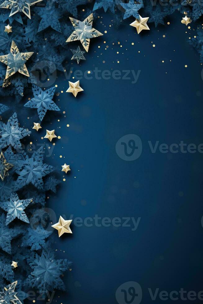 Blue Christmas background with snowflakes, stars and empty space. Copy space for your text. Merry Xmas, Happy New Year. Vertical festive backdrop. Generative AI. photo