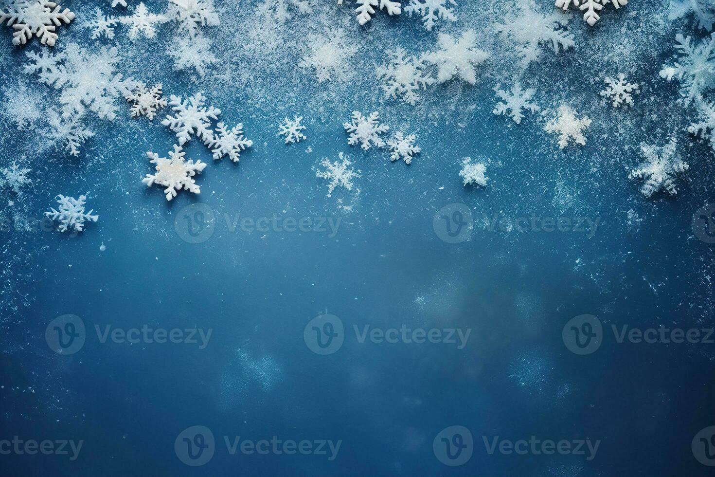 Blue Christmas background with snowflakes and empty space. Copy space for your text. Merry Xmas, Happy New Year. Festive backdrop. Generative AI. photo