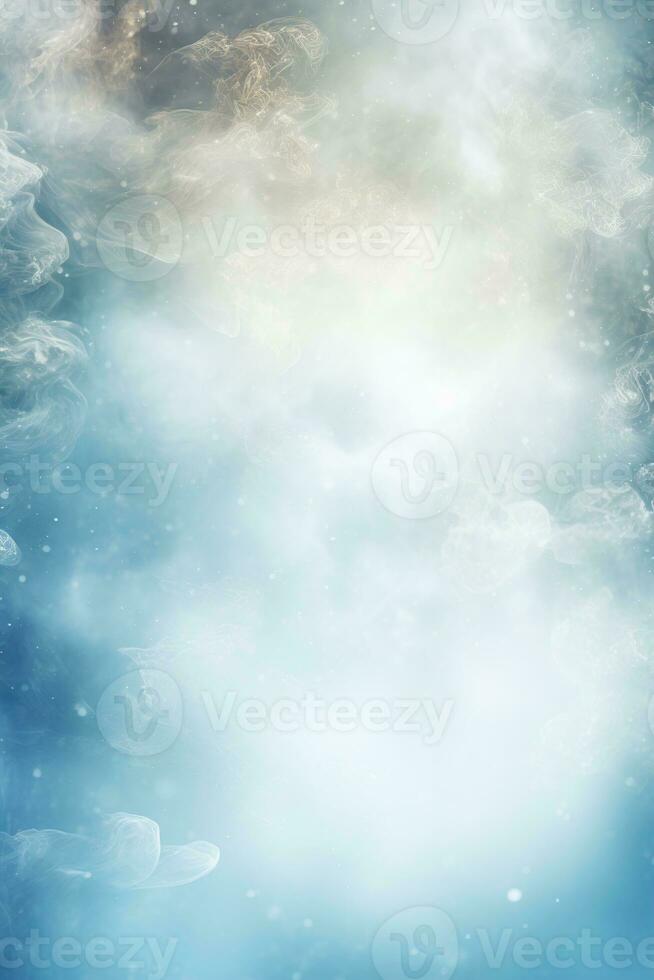 Abstract blue Christmas background with empty space. Smoke, bokeh lights. Copy space for your text. Merry Xmas, Happy New Year. Vertical festive backdrop. Generative AI. photo