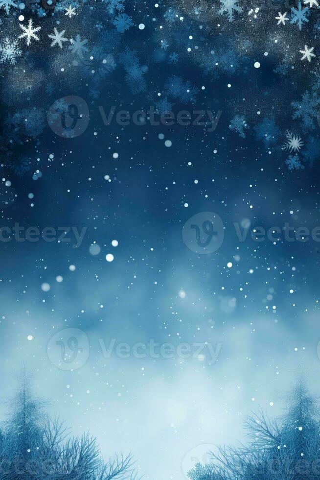 Blue Christmas background with snowflakes and empty space. Copy space for your text. Merry Xmas, Happy New Year. Vertical festive backdrop. Generative AI. photo