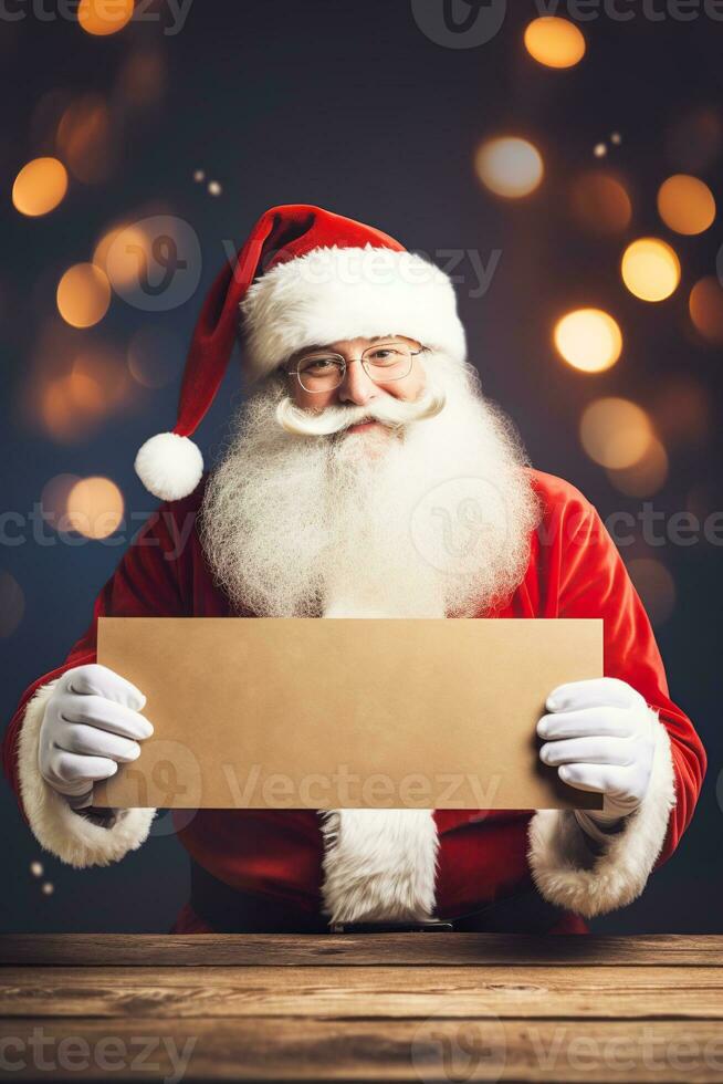Santa's hands holding blank paper, festive atmosphere. Copy space for your text. Christmas background with empty space. Santa Claus. Merry Xmas, New Year. Generative AI. photo