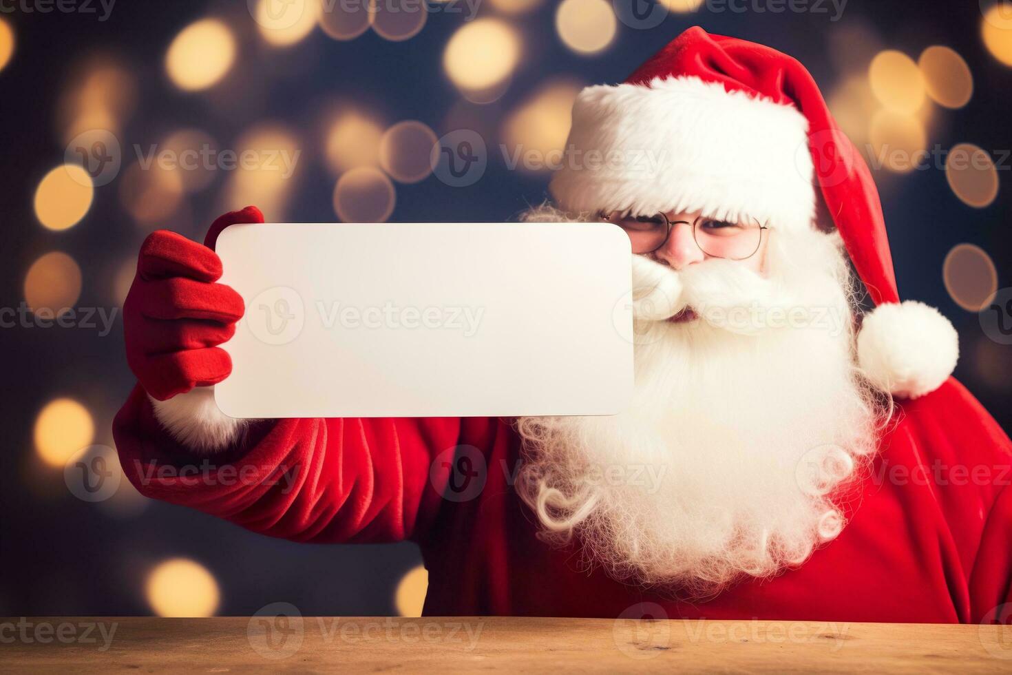 Santa's hands holding blank paper, festive atmosphere. Copy space for your text. Christmas background with empty space. Santa Claus. Merry Xmas, New Year. Generative AI. photo