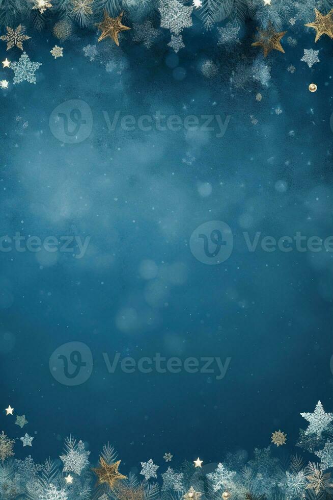 Blue Christmas background with snowflakes and empty space. Copy space for your text. Merry Xmas, Happy New Year. Vertical festive backdrop. Generative AI. photo