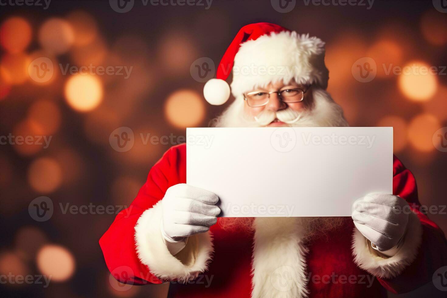 Santa's hands holding blank paper, festive atmosphere. Copy space for your text. Christmas background with empty space. Santa Claus. Merry Xmas, New Year. Generative AI. photo