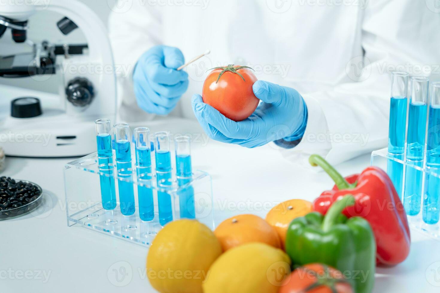 Scientist check chemical food residues in laboratory. Control experts inspect quality of fruits, vegetables. lab, hazards, ROHs, find prohibited substances, contaminate, Microscope, Microbiologist photo