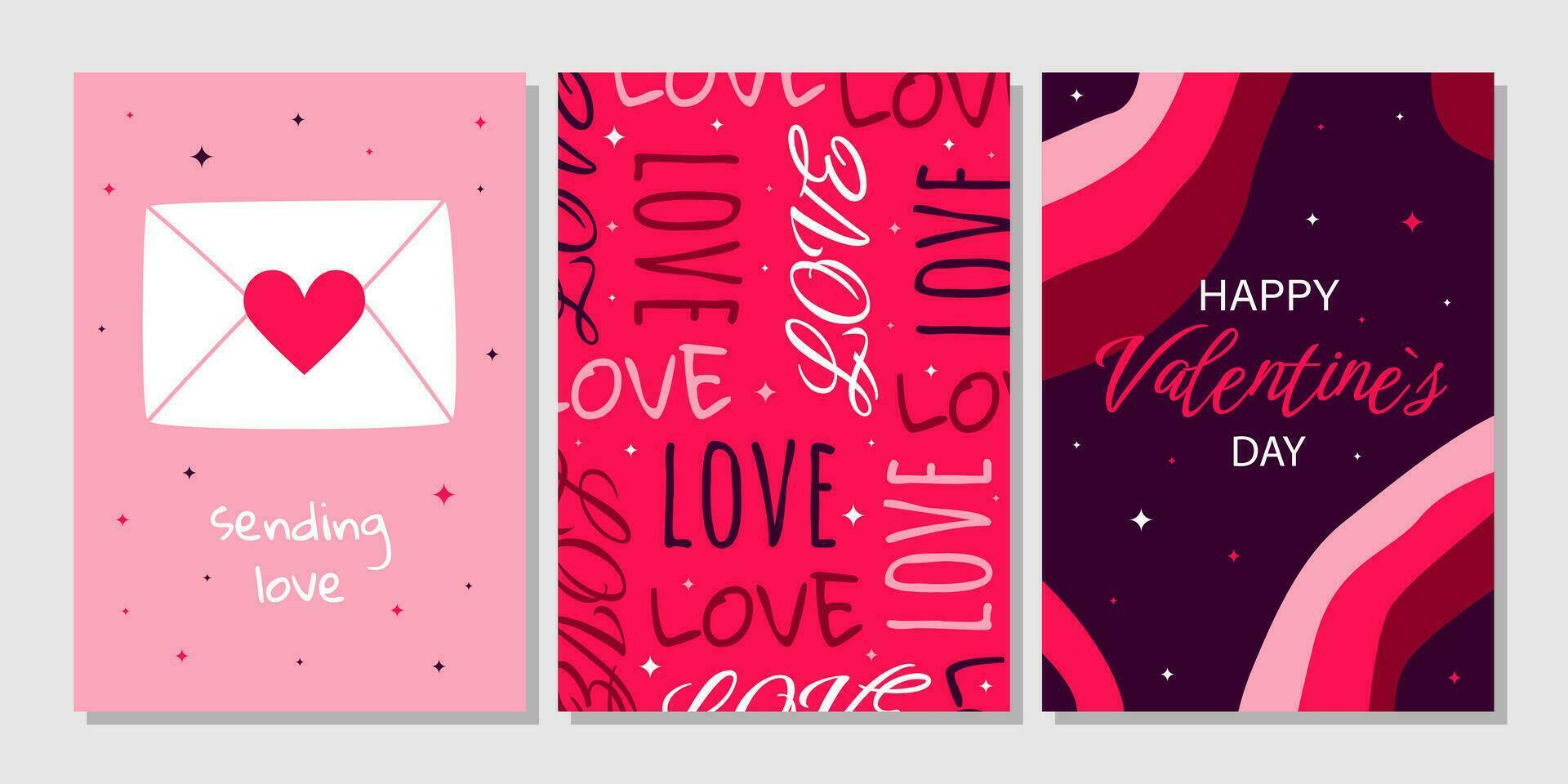conjunto de tarjetas de felicitación del día de san valentín. corazón de dibujos animados de moda dibujado a mano, letras de amor. ilustración vectorial vector