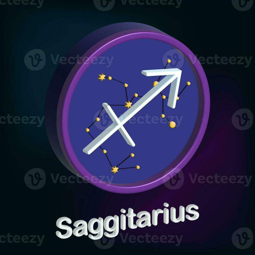 3d illustration, zodiac sign Sagittarius, sign framed in the shape circle, esotericism and astrology. Modern simple design on a dark background photo