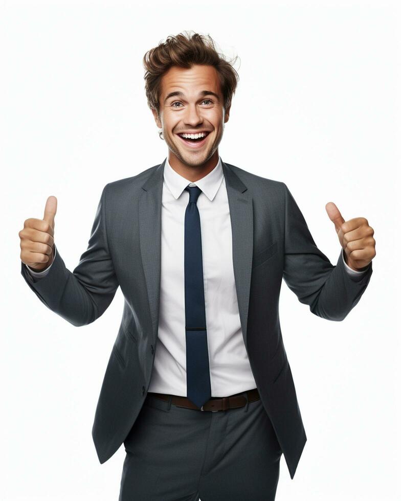 Ai generative photo business concept portrait of excited man dressed in formal wear giving thumbs up