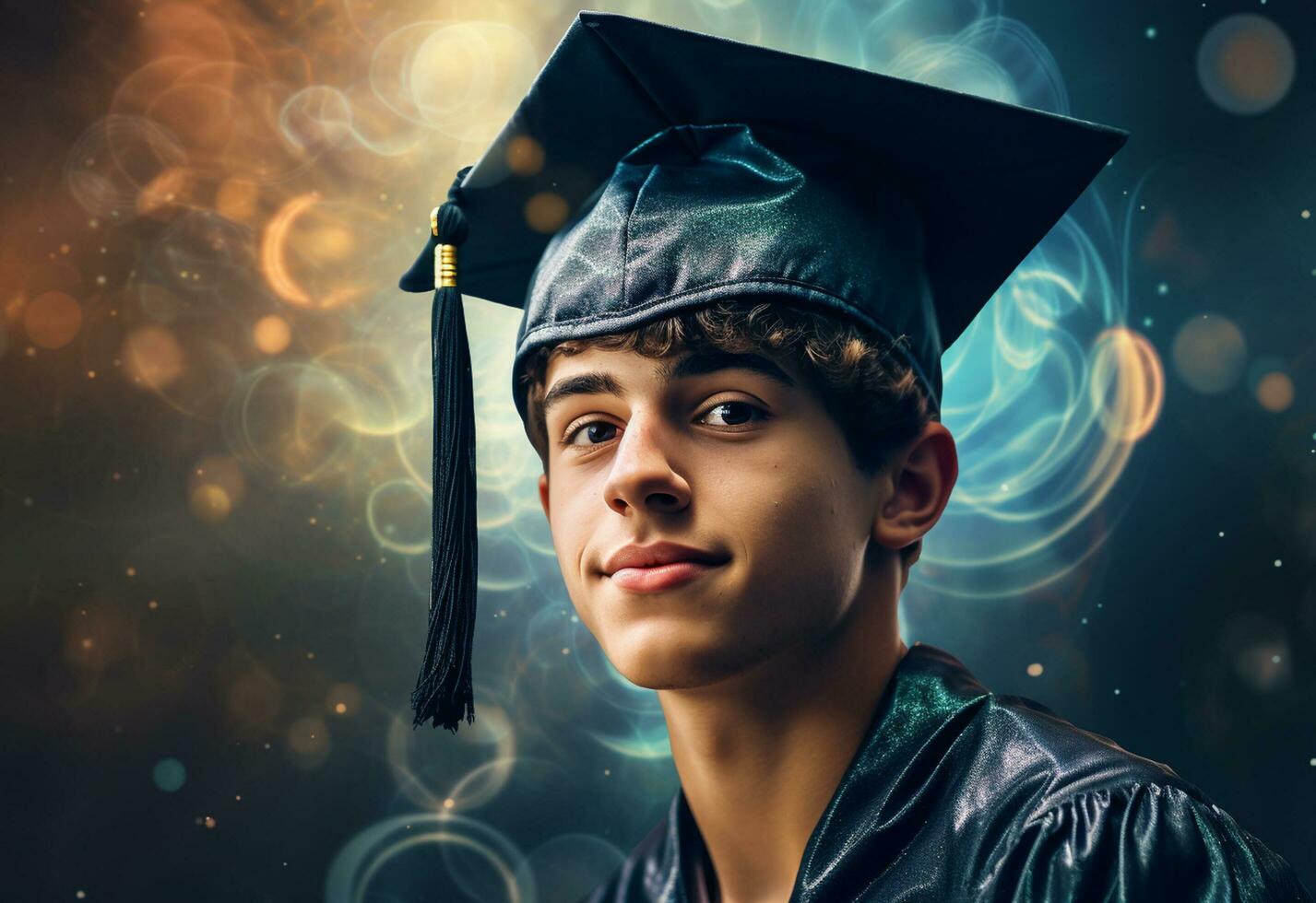 ai generativo doble exposición foto de joven hombre con graduación gorra tecnología antecedentes realista imagen