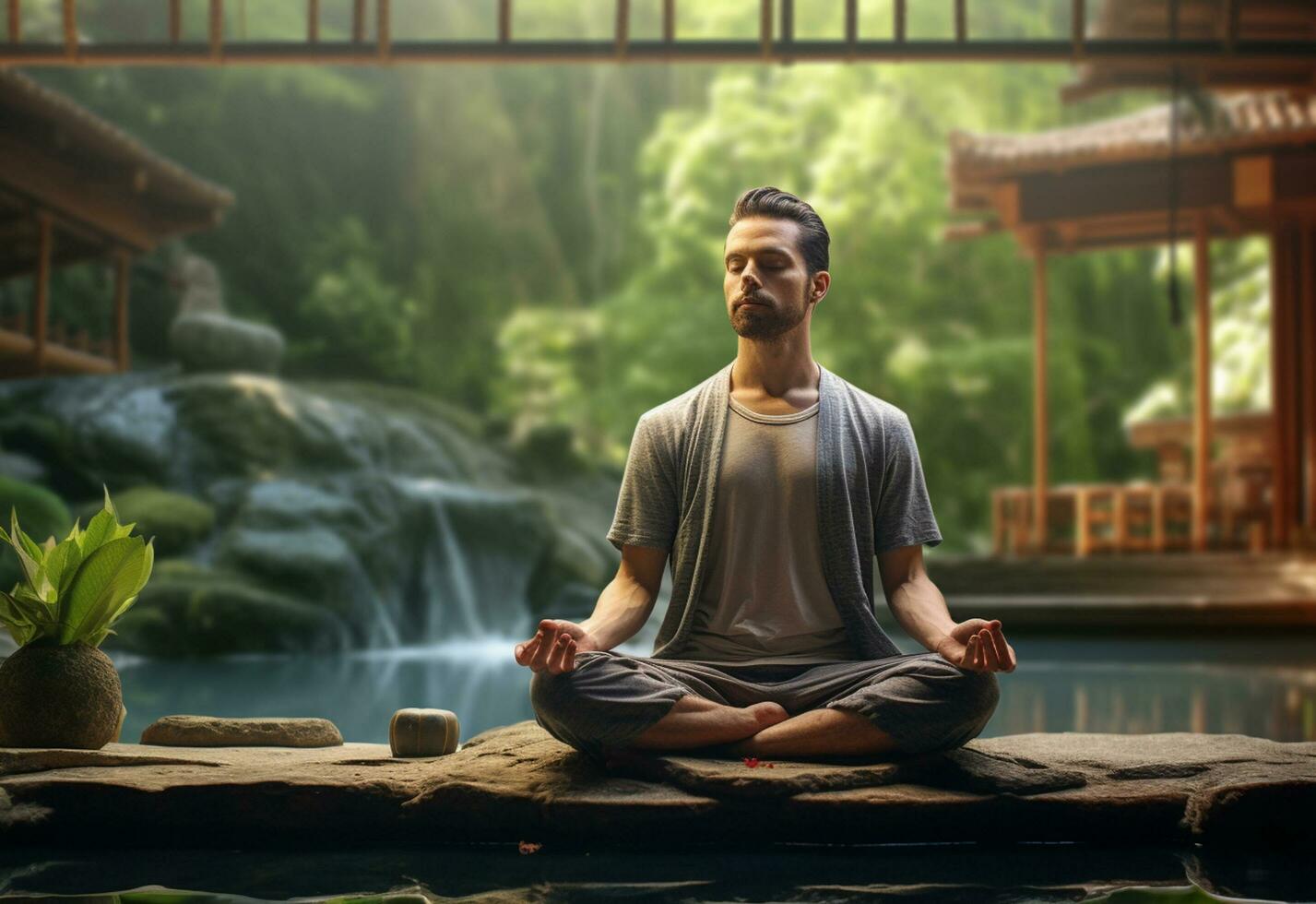 ai generativo foto de un hombre practicando atención plena y meditación en un pacífico natural ambiente sony a7s realista imagen, ultra alta definición, alto diseño muy detallado