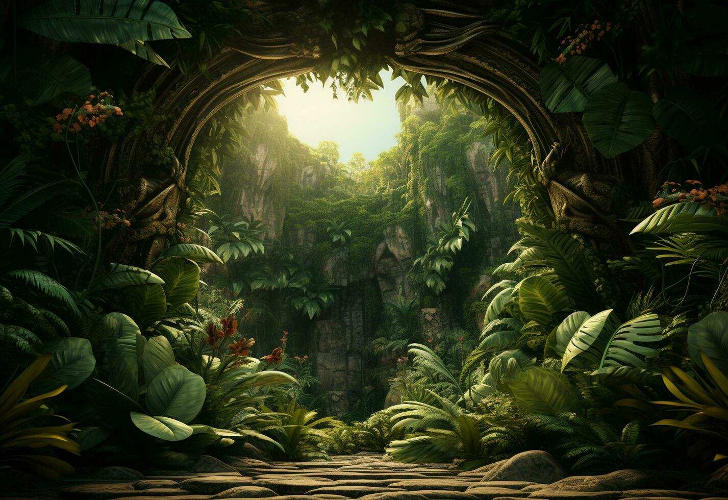 Beautiful jungle background with border made of tropical leaves backdrop with copy space photo
