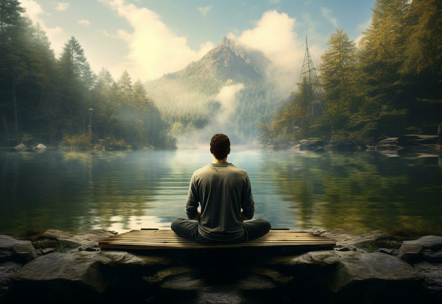 ai generative photo of a man practicing mindfulness and meditation in a peaceful natural environment sony A7s realistic image, ultra hd, high design very detailed