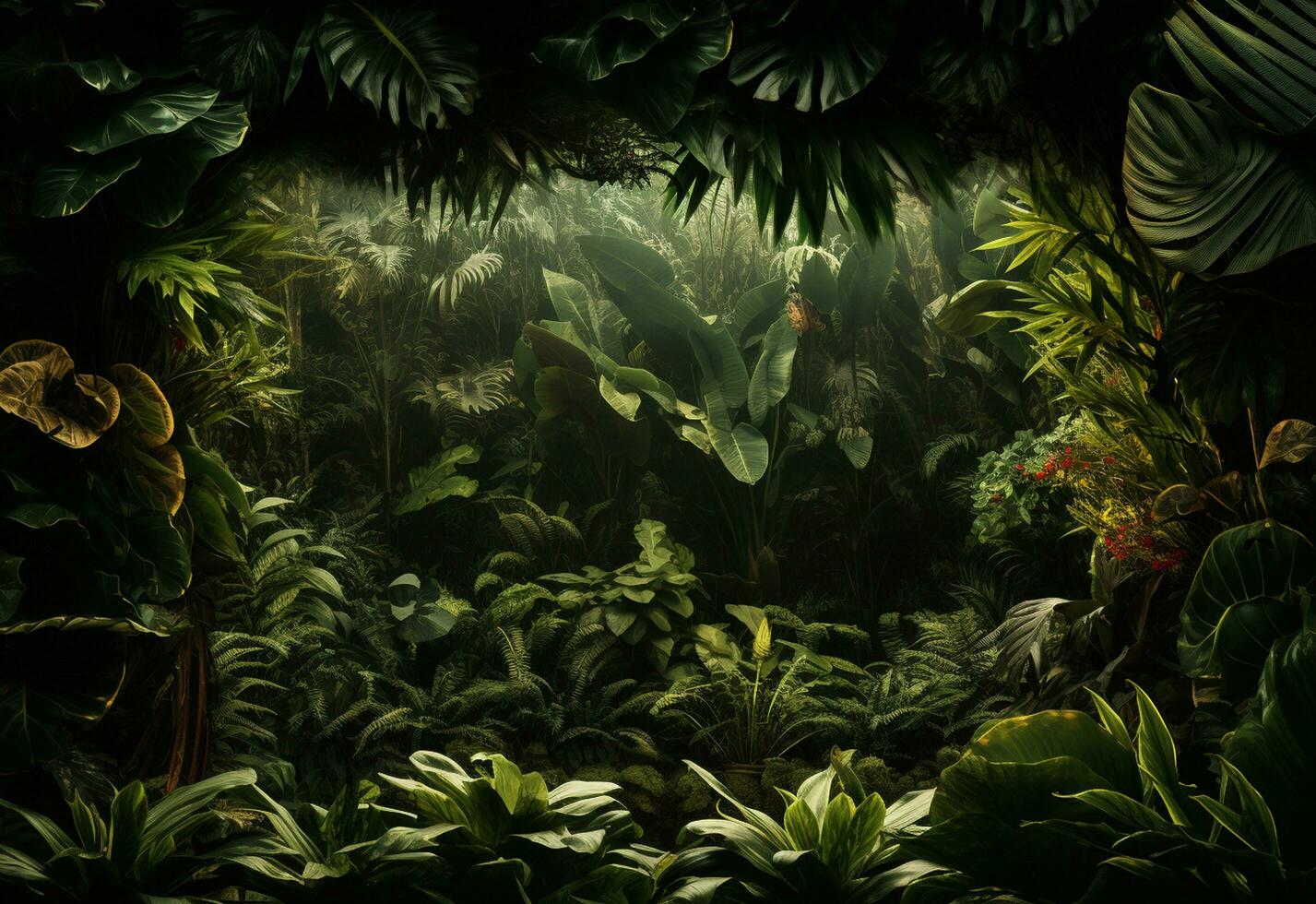 Beautiful jungle background with border made of tropical leaves backdrop with copy space photo