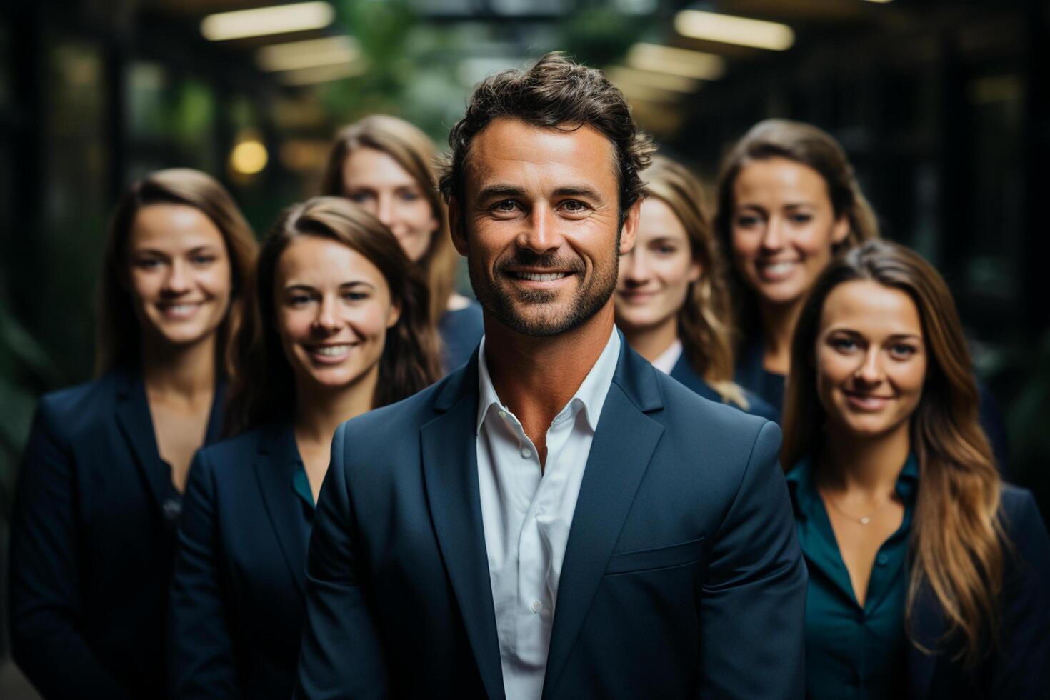 Ai Generative group of happy business man and business women, dressed in suits are smiling, in the office photo