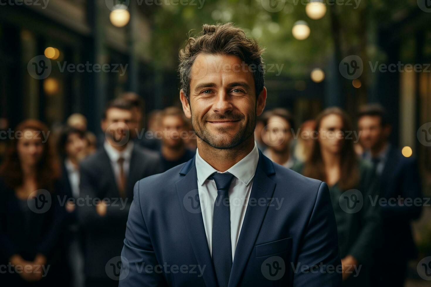 Ai Generative group of happy business man and business women, dressed in suits are smiling, in the office photo