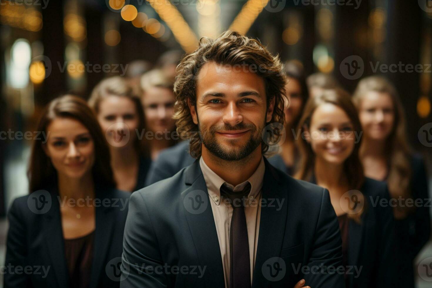 Ai Generative group of happy business man and business women, dressed in suits are smiling, in the office photo