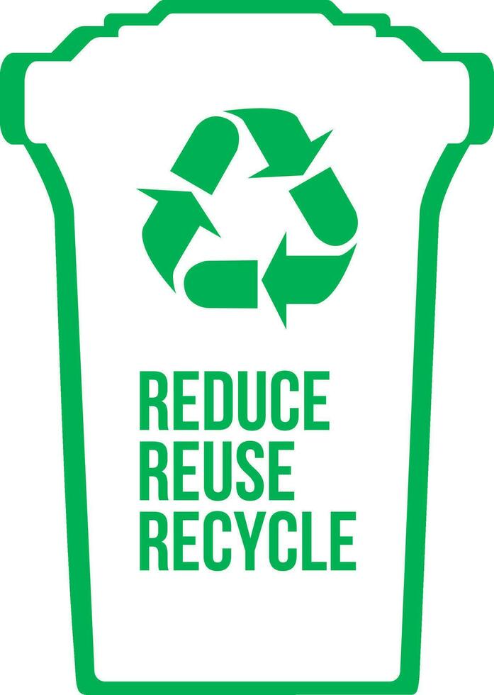 Green trash can with Reduce Reuse Recycle text and logo minimalistic flat style vector