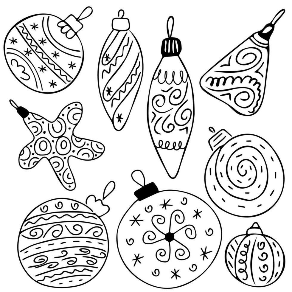 Set of Christmas balls toys. ball with hand drawing ornaments. Xmas, new year design, coloring. Isolated collection vector