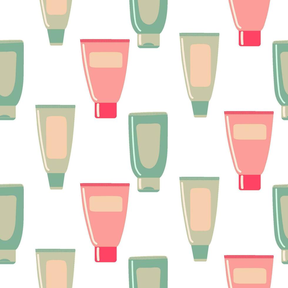Seamless pattern with of Beauty elements, bottle, containers, jars. cream, lotion, toothpaste, mask, conditioner background vector
