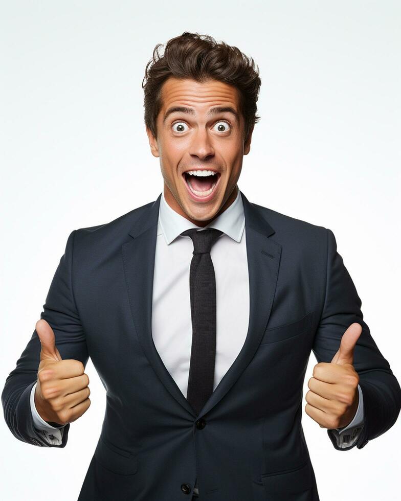 Ai generative photo business concept portrait of excited man dressed in formal wear giving thumbs up