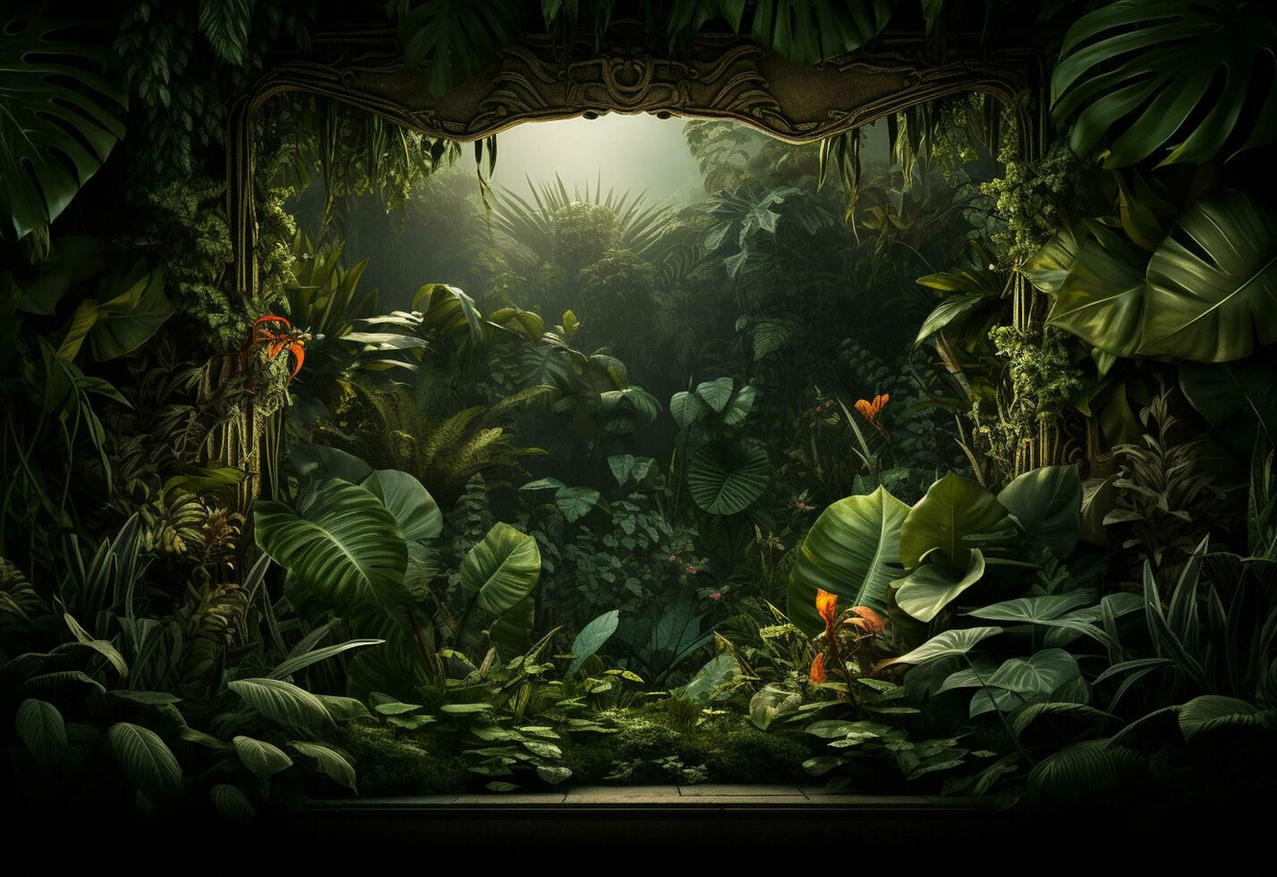 Beautiful jungle background with border made of tropical leaves backdrop with copy space photo