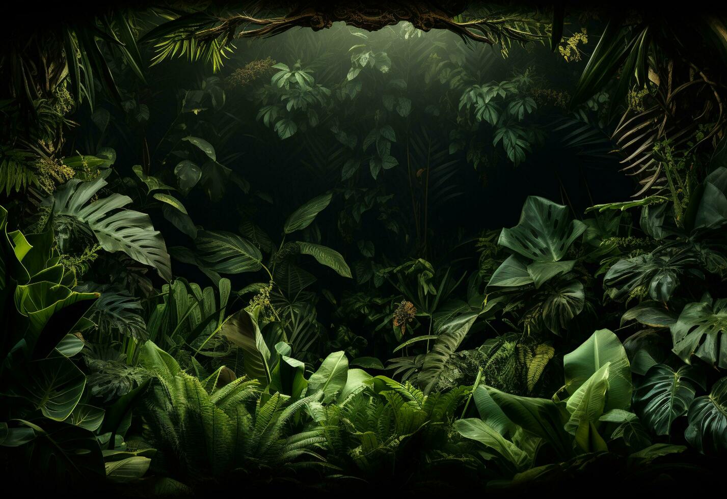 Ai Generative Beautiful jungle background with border made of tropical leaves backdrop with copy space photo