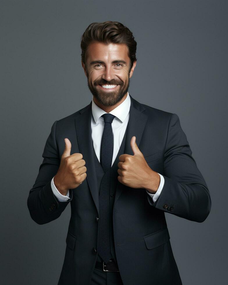 Ai generative photo business concept portrait of excited man dressed in formal wear giving thumbs up