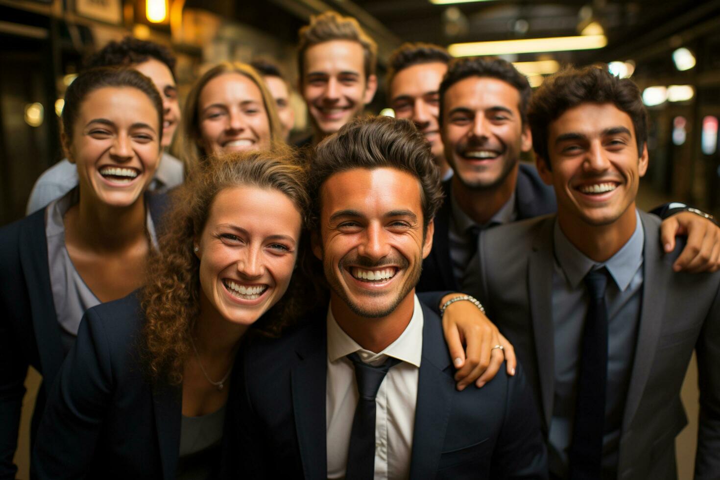 Ai Generative group of happy business man and business women, dressed in suits are smiling, in the office photo