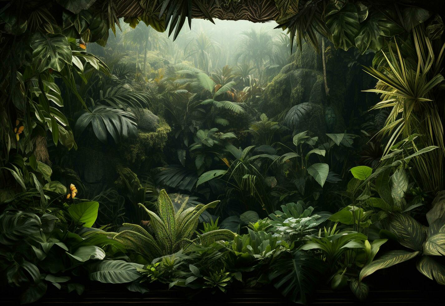 Ai Generative Beautiful jungle background with border made of tropical leaves backdrop with copy space photo