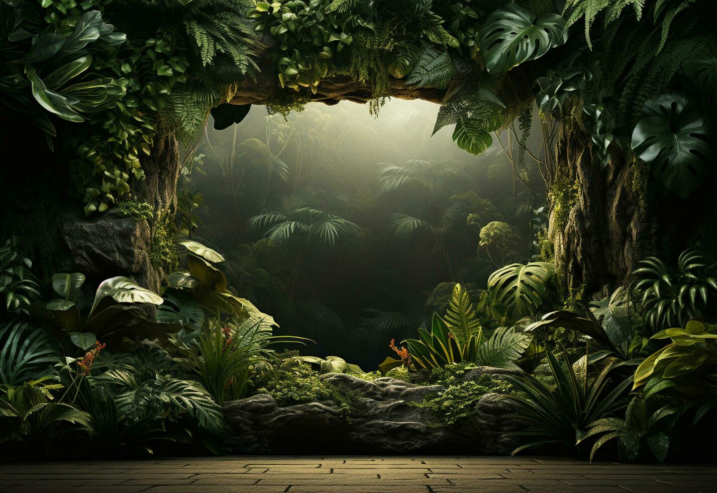 Beautiful jungle background with border made of tropical leaves backdrop with copy space photo